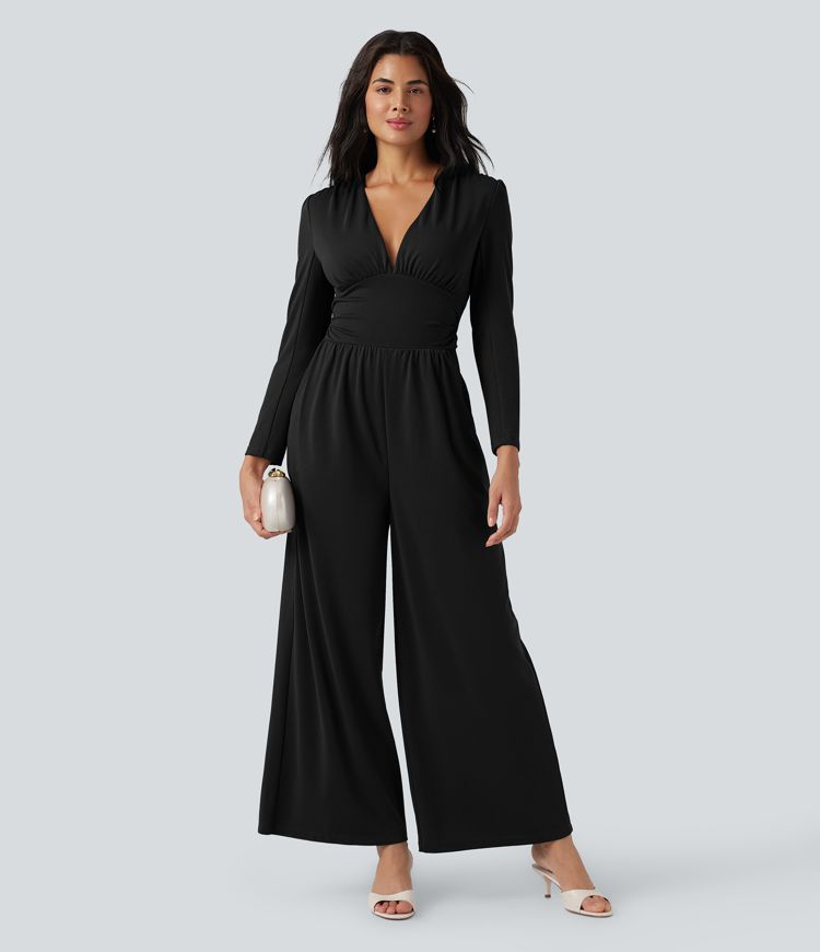 V Neck Long Sleeve Ruched Jumpsuit with Pockets-Easy Peezy Edition