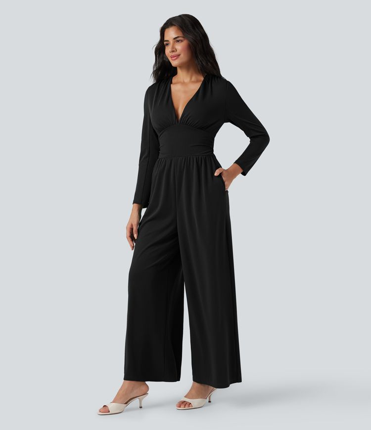 V Neck Long Sleeve Ruched Jumpsuit with Pockets-Easy Peezy Edition