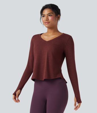 Heathered V-neck Long Sleeve Thumb Holes Curved Hem Yoga Sports Tops