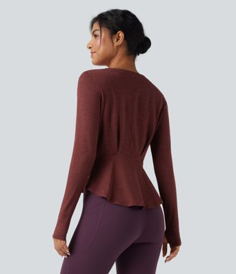 Heathered V-neck Long Sleeve Thumb Holes Curved Hem Yoga Sports Tops