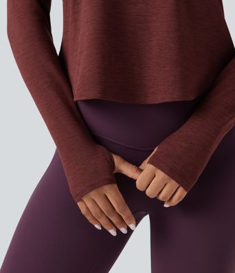 Heathered V-neck Long Sleeve Thumb Holes Curved Hem Yoga Sports Tops