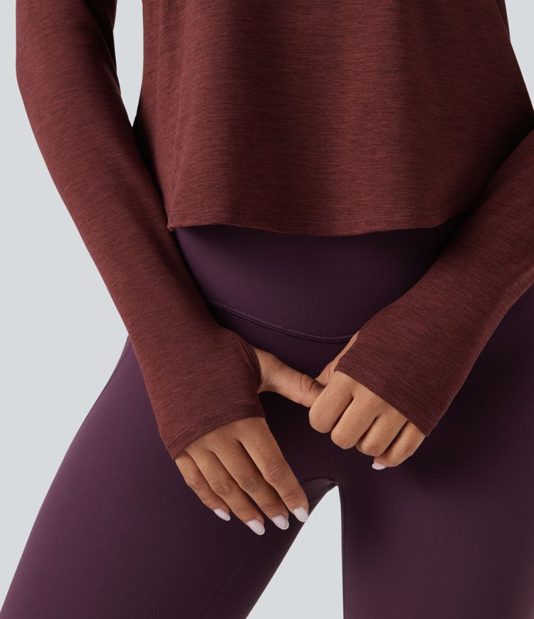 Heathered V-neck Long Sleeve Thumb Holes Curved Hem Yoga Sports Tops
