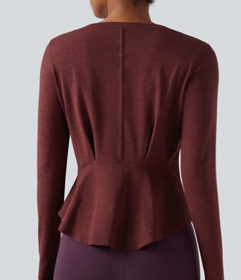 Heathered V-neck Long Sleeve Thumb Holes Curved Hem Yoga Sports Tops