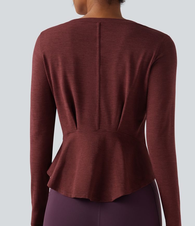 Heathered V-neck Long Sleeve Thumb Holes Curved Hem Yoga Sports Tops