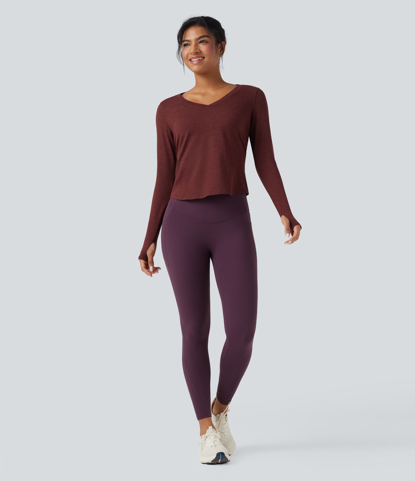 Heathered V-neck Long Sleeve Thumb Holes Curved Hem Yoga Sports Tops