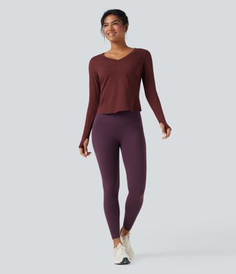 Heathered V-neck Long Sleeve Thumb Holes Curved Hem Yoga Sports Tops