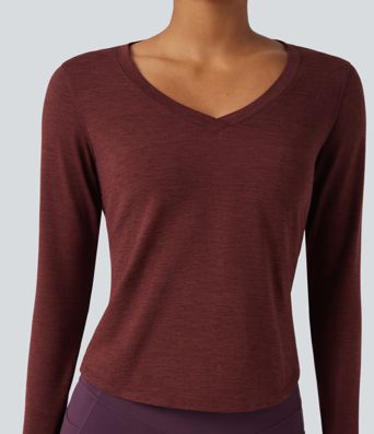Heathered V-neck Long Sleeve Thumb Holes Curved Hem Yoga Sports Tops