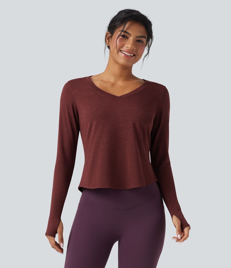 Heathered V-neck Long Sleeve Thumb Holes Curved Hem Yoga Sports Tops
