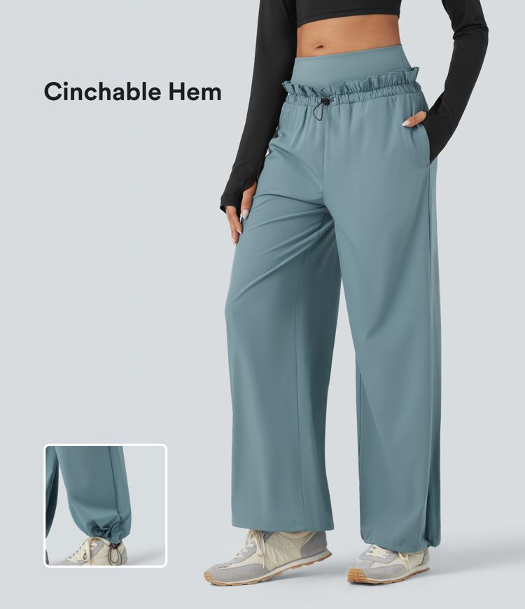 Breezeful™ High Waisted Drawstring Lettuce Trim Cinchable Hem Quick Dry Workout Baggy Trousers with Pockets