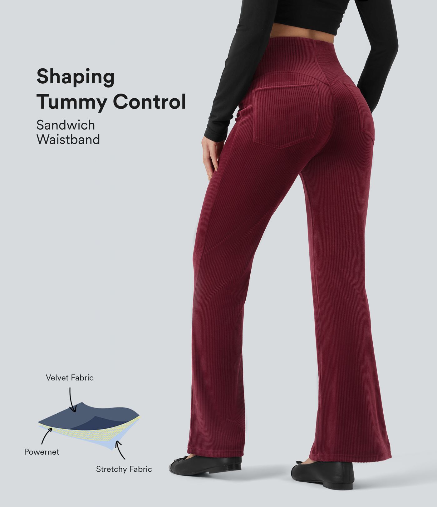 Pantalon évasé décontracté à taille haute avec contrôle du ventre et poches, en velours côtelé