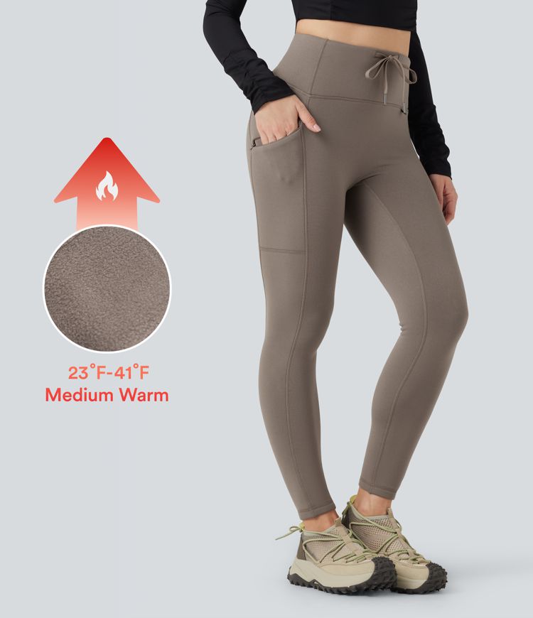 High Waisted Drawstring Fleece 7/8 Hiking Leggings with Pocket