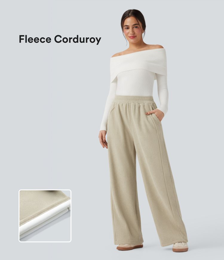 High Waisted Straight Leg Fleece Corduroy Casual Pants with Pockets