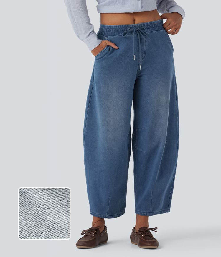 Halara Flex™ Mid Rise Drawstring Barrel Leg Casual French Terry SweatTrousers Jeans with Pockets
