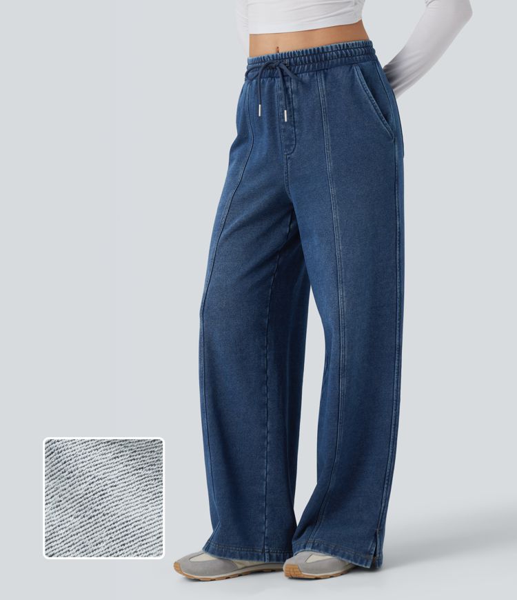Halara Flex™ High Waisted Drawstring Split Straight Leg Casual French Terry Sweatpants Jeans with Pockets