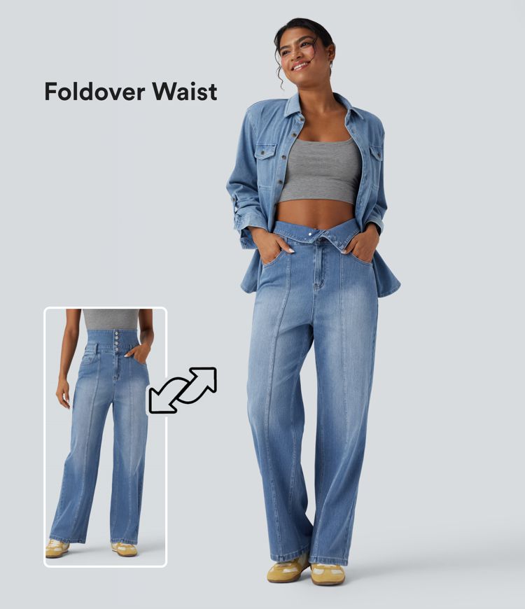 Halara Flex™ Foldover High Waisted Straight Leg Casual Jeans with Pockets