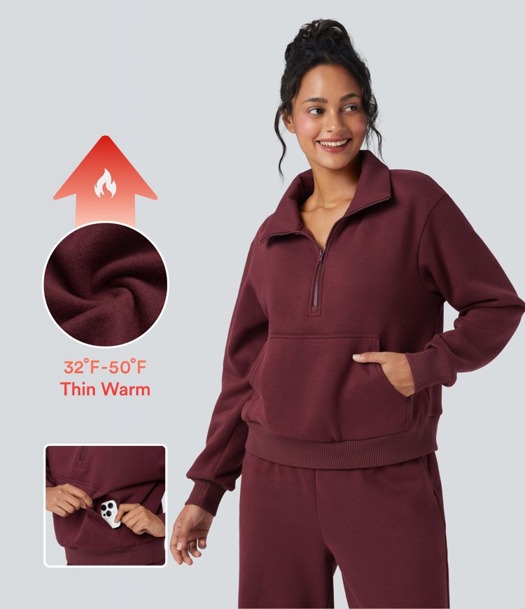 Sudadera casual holgada de polar con media cremallera y bolsillos