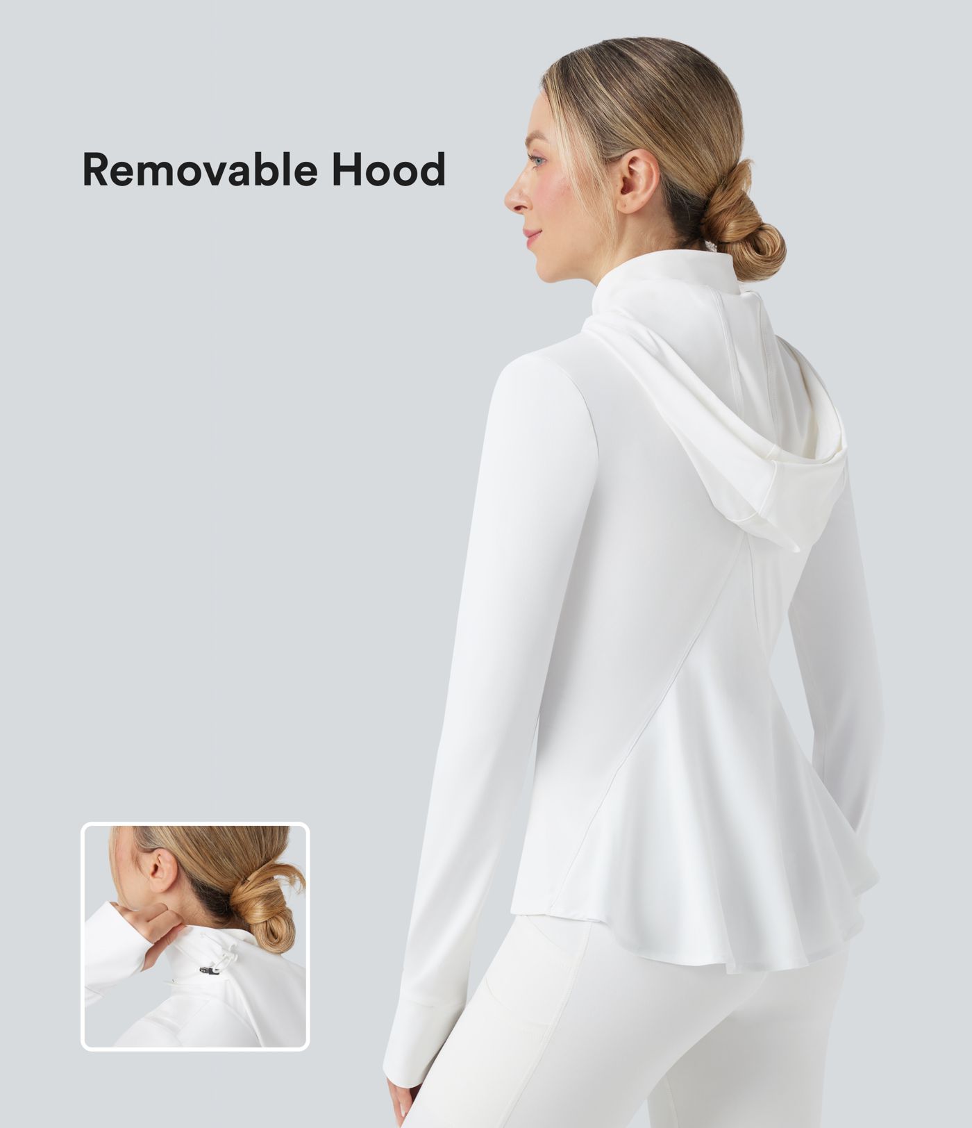 Veste de randonnée ajustée capuche amovible à trous pouces ourlet volants