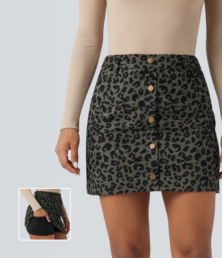High Waisted 2-in-1 Leopard Print Mini Casual Skirt with Pocket