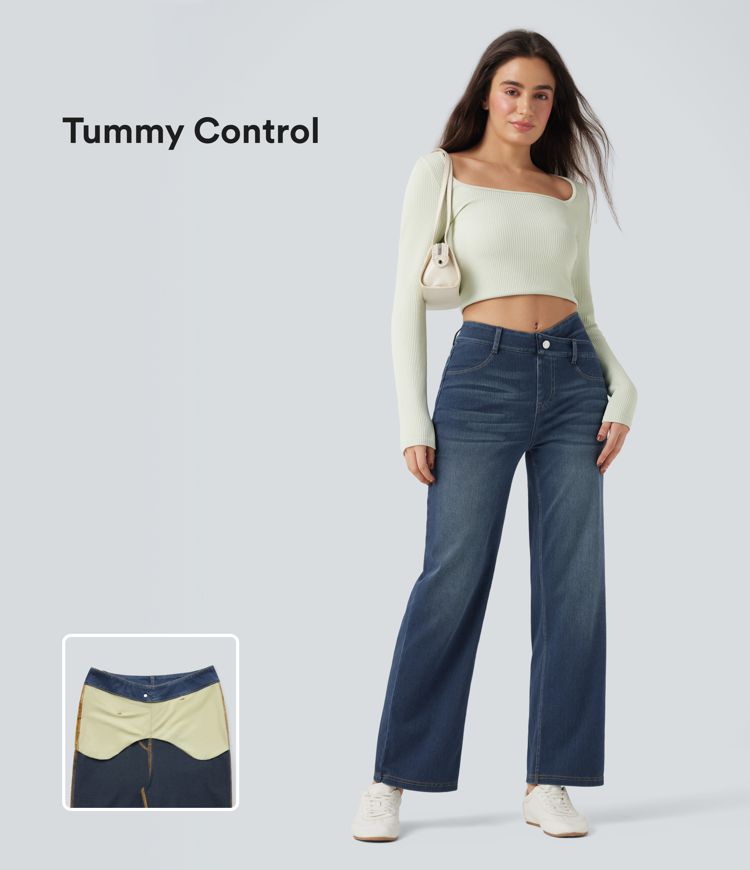 Halara Flex™ Mid Rise Crossover Tummy Control Straight Leg Casual Jeans with Pockets
