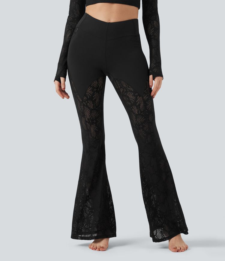 SoftlyZero™ V-Shaped High Waisted Contrast Lace Yoga Super Flare Leggings with Pocket