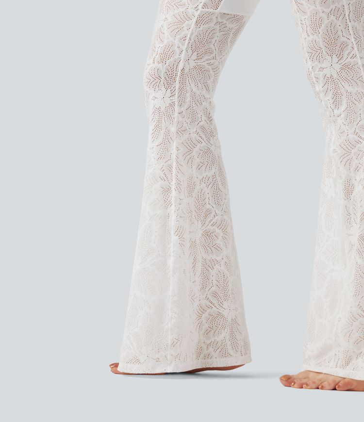 SoftlyZero™ V-Shaped High Waisted Contrast Lace Yoga Super Flare Leggings with Pocket