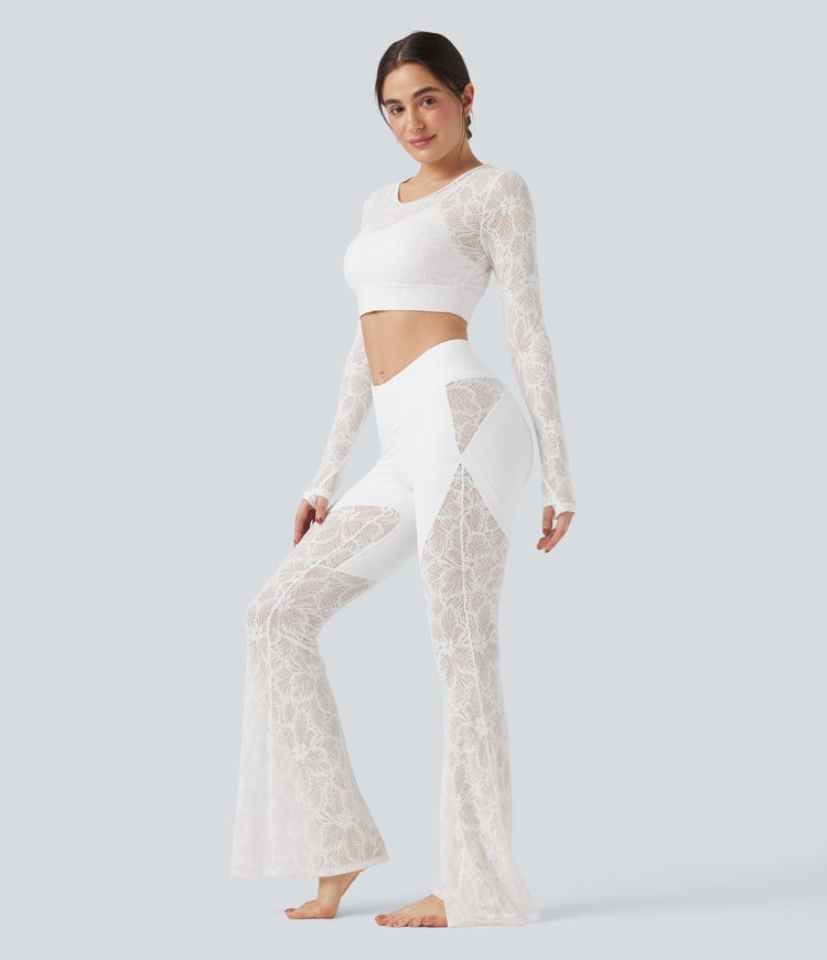 SoftlyZero™ V-Shaped High Waisted Contrast Lace Yoga Super Flare Leggings with Pocket