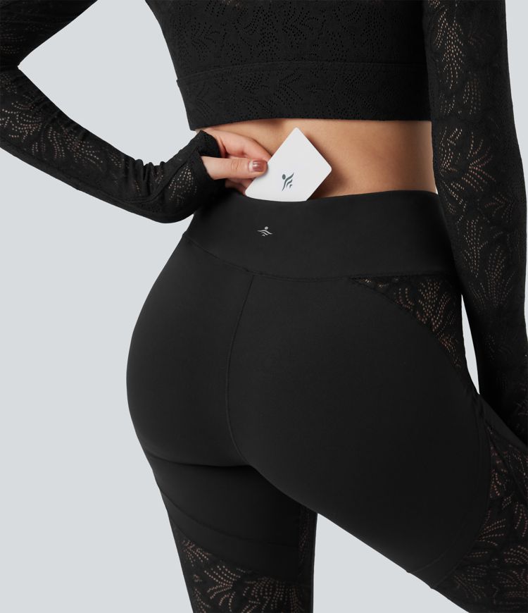SoftlyZero™ V-Shaped High Waisted Contrast Lace Yoga Super Flare Leggings with Pocket