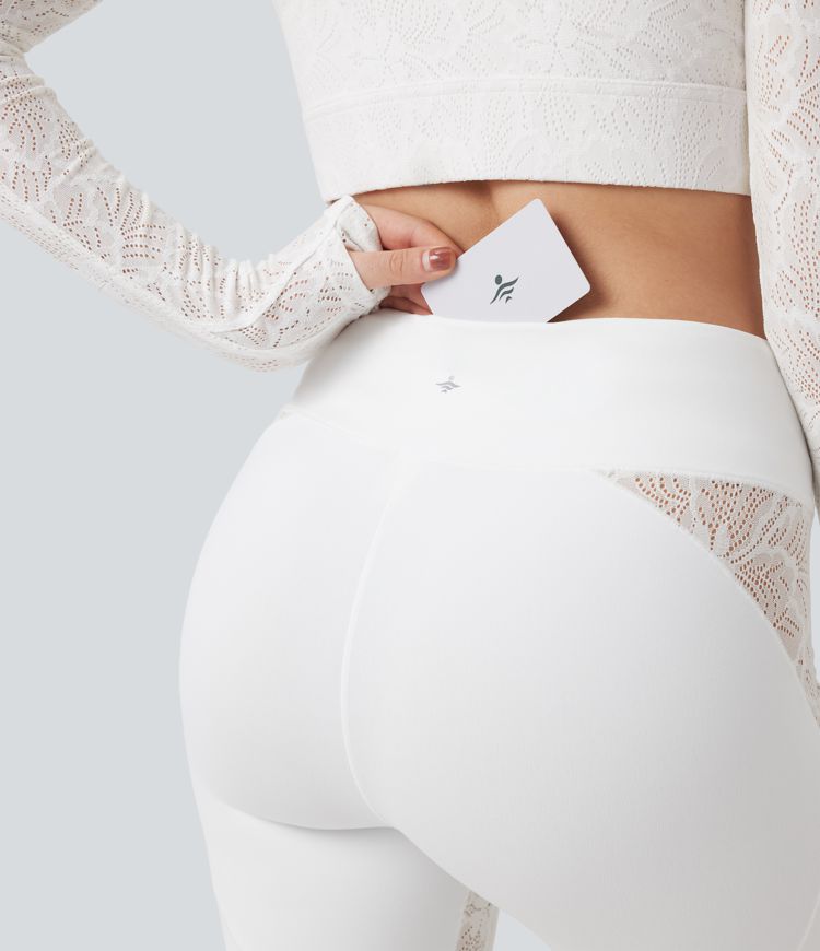 SoftlyZero™ V-Shaped High Waisted Contrast Lace Yoga Super Flare Leggings with Pocket