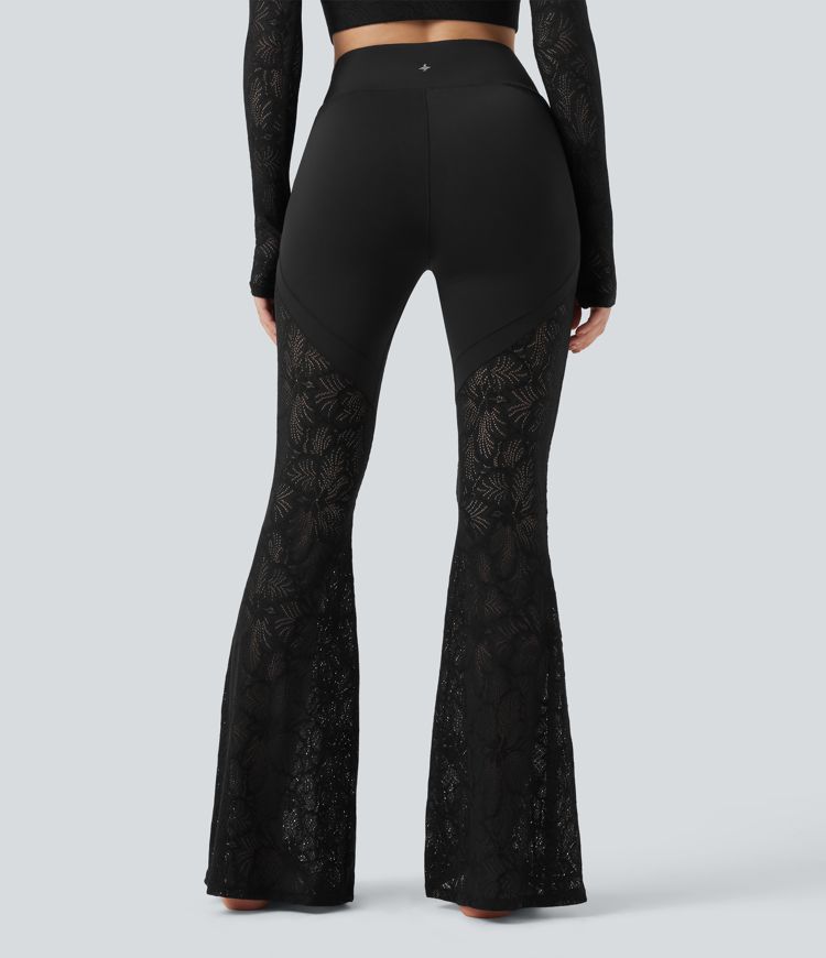 SoftlyZero™ V-Shaped High Waisted Contrast Lace Yoga Super Flare Leggings with Pocket