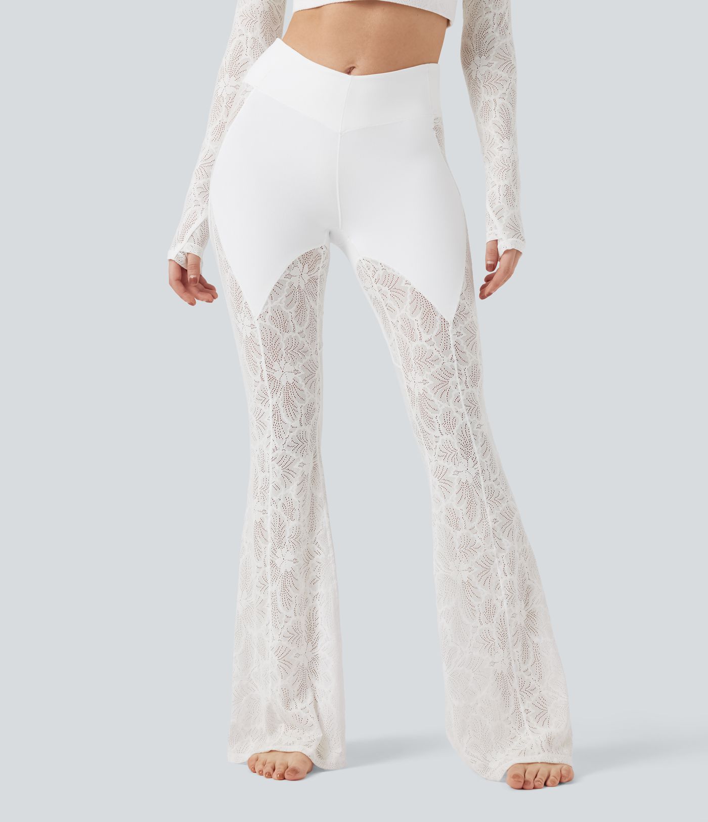 SoftlyZero™ V-Shaped High Waisted Contrast Lace Yoga Super Flare Leggings with Pocket