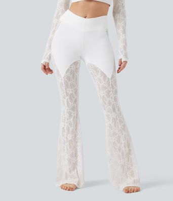 SoftlyZero™ V-Shaped High Waisted Contrast Lace Yoga Super Flare Leggings with Pocket