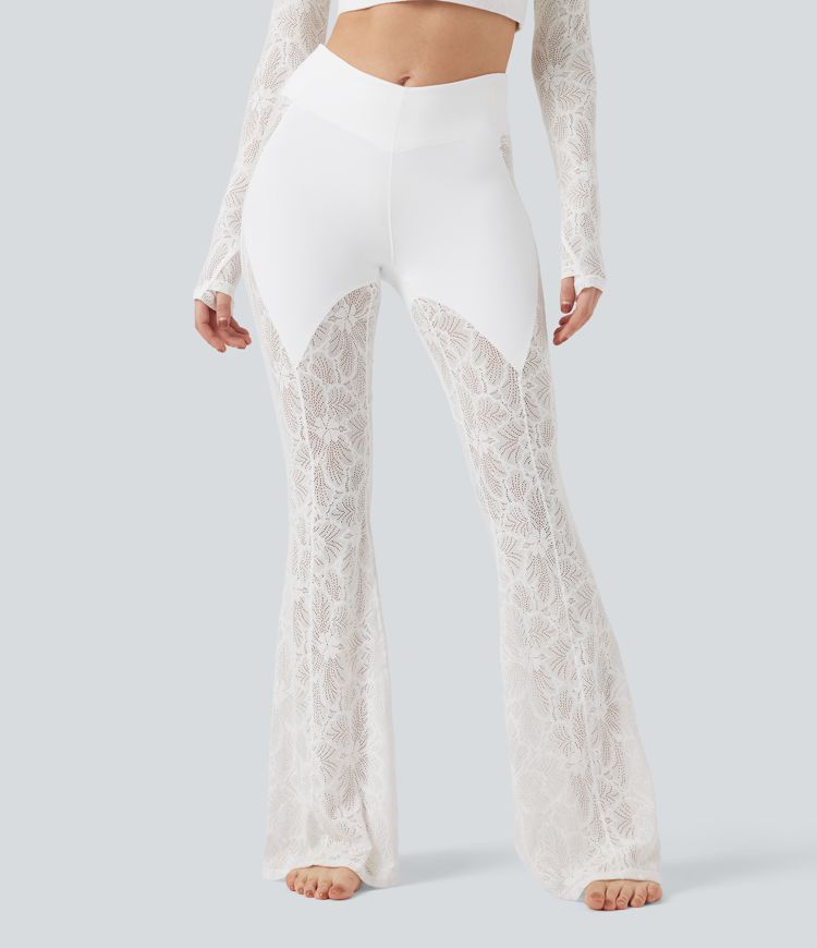 SoftlyZero™ V-Shaped High Waisted Contrast Lace Yoga Super Flare Leggings with Pocket