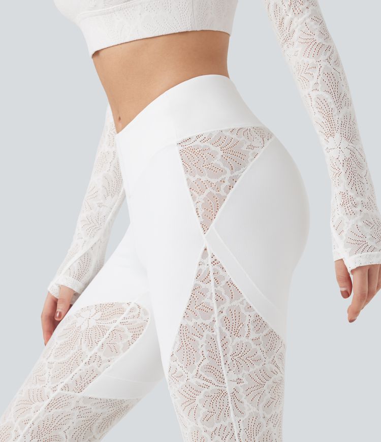 SoftlyZero™ V-Shaped High Waisted Contrast Lace Yoga Super Flare Leggings with Pocket
