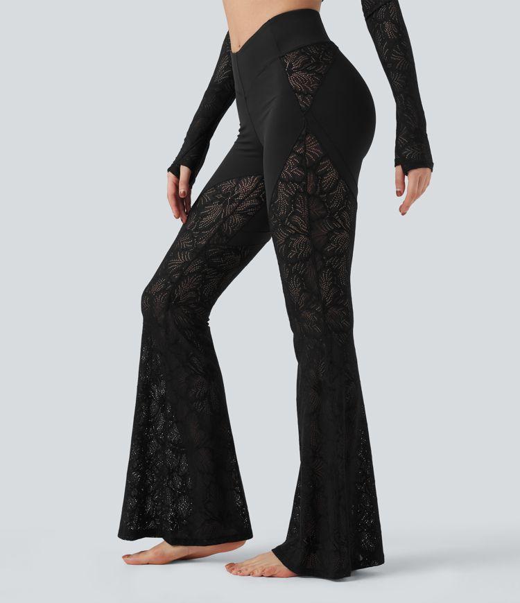 SoftlyZero™ V-Shaped High Waisted Contrast Lace Yoga Super Flare Leggings with Pocket