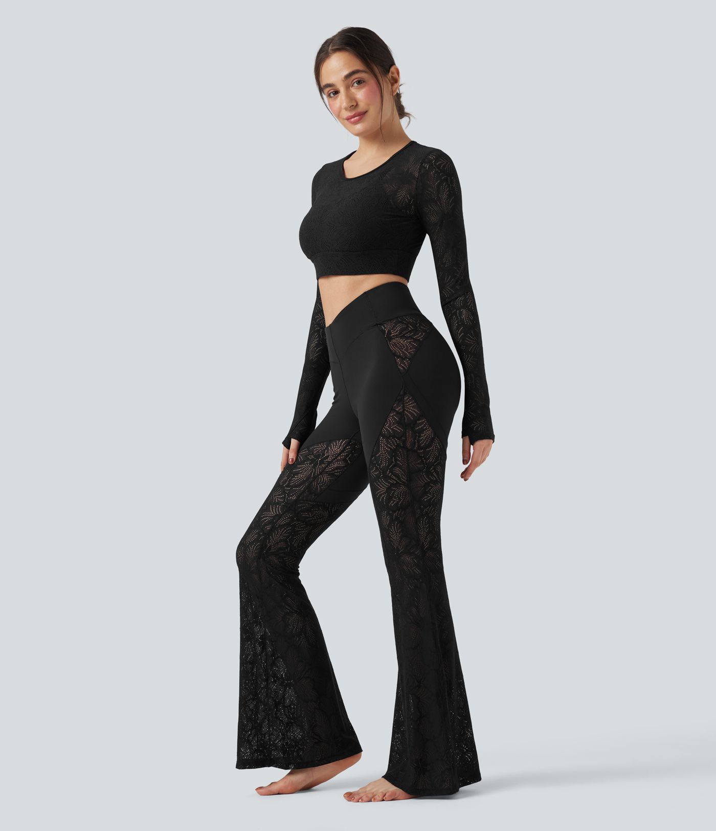 Legging de yoga super évasé SoftlyZero™ taille haute en V dentelle contrastante avec poche