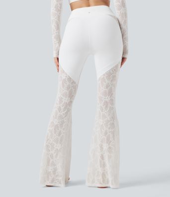 SoftlyZero™ V-Shaped High Waisted Contrast Lace Yoga Super Flare Leggings with Pocket