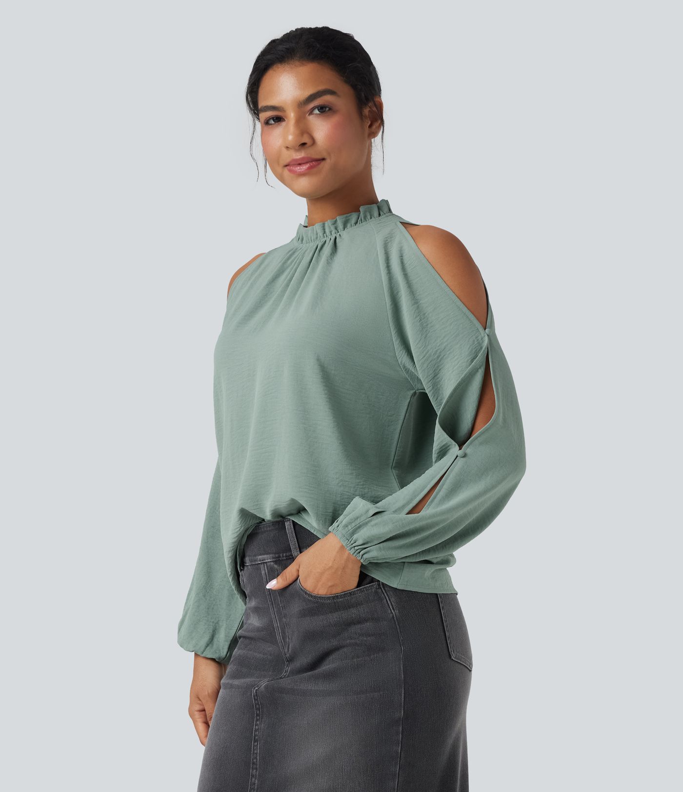 Cold-Shoulder Long Sleeve Relaxed Casual Blouse