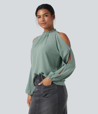Cold-Shoulder Long Sleeve Relaxed Casual Blouse