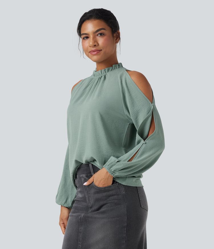 Cold-Shoulder Long Sleeve Relaxed Casual Blouse