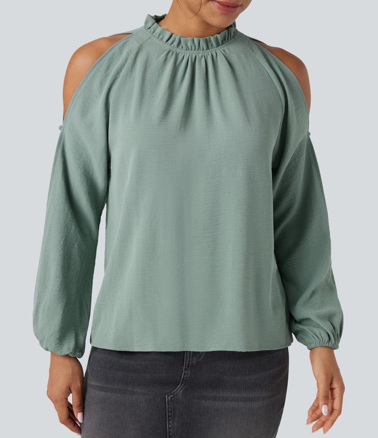 Cold-Shoulder Long Sleeve Relaxed Casual Blouse