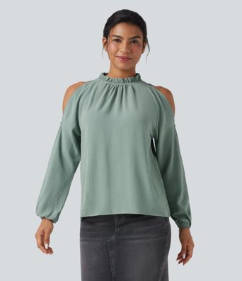 Cold-Shoulder Long Sleeve Relaxed Casual Blouse