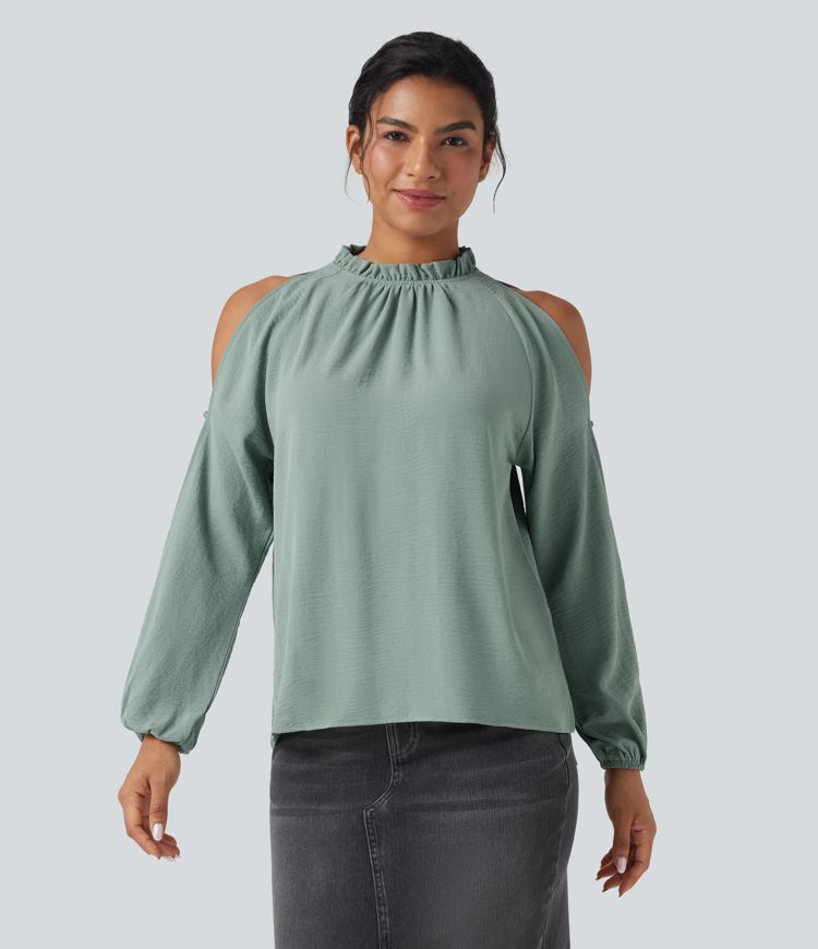 Cold-Shoulder Long Sleeve Relaxed Casual Blouse