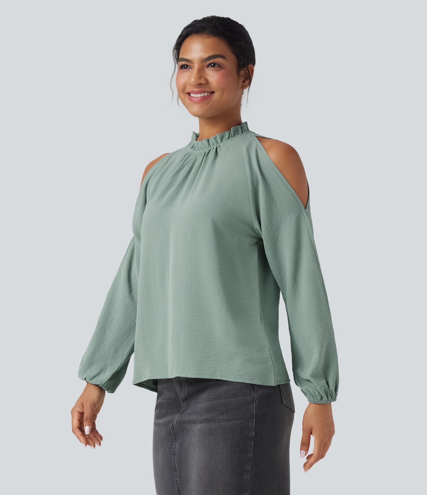 Cold-Shoulder Long Sleeve Relaxed Casual Blouse