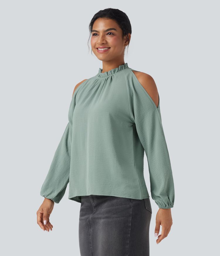 Cold-Shoulder Long Sleeve Relaxed Casual Blouse