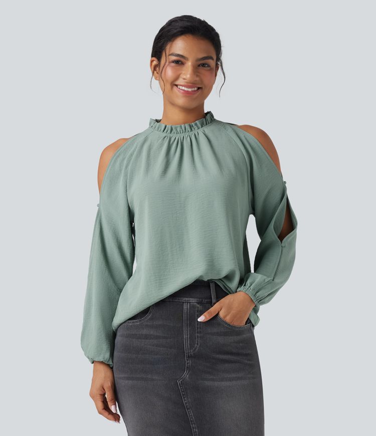 Cold-Shoulder Long Sleeve Relaxed Casual Blouse