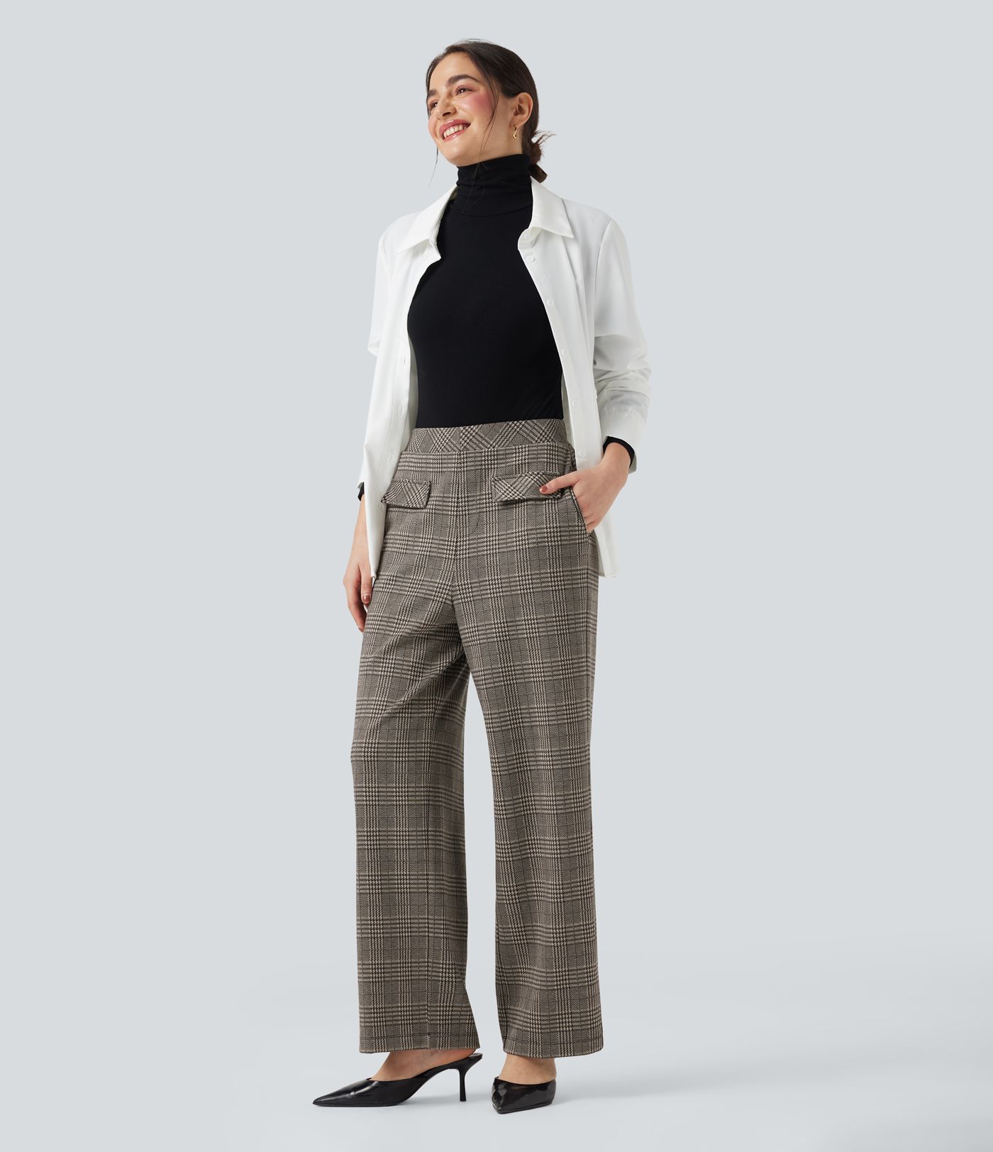 Pantalon tailleur coupe droite pied-de-poule carreaux Halara Flex™ taille haute avec poches