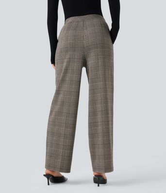 Pantalon tailleur coupe droite pied-de-poule carreaux Halara Flex™ taille haute avec poches