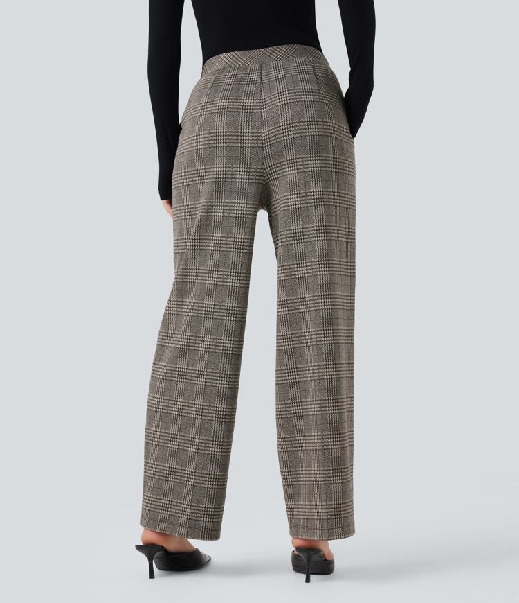 Pantalon tailleur coupe droite pied-de-poule carreaux Halara Flex™ taille haute avec poches