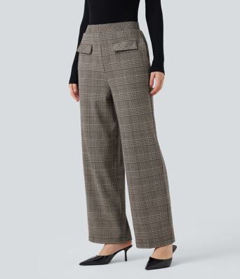 Pantalon tailleur coupe droite pied-de-poule carreaux Halara Flex™ taille haute avec poches