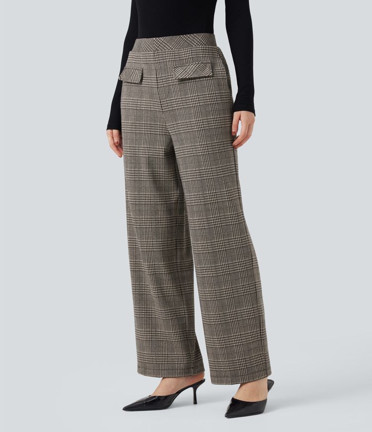 Pantalon tailleur coupe droite pied-de-poule carreaux Halara Flex™ taille haute avec poches